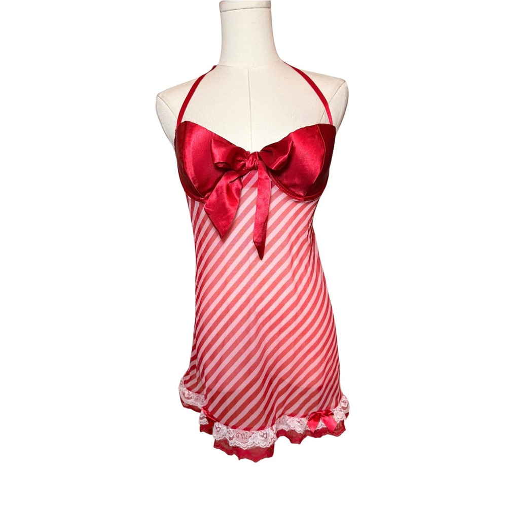 Frederick's of Hollywood Red Striped Silk Blend Babydoll Chemise Medium